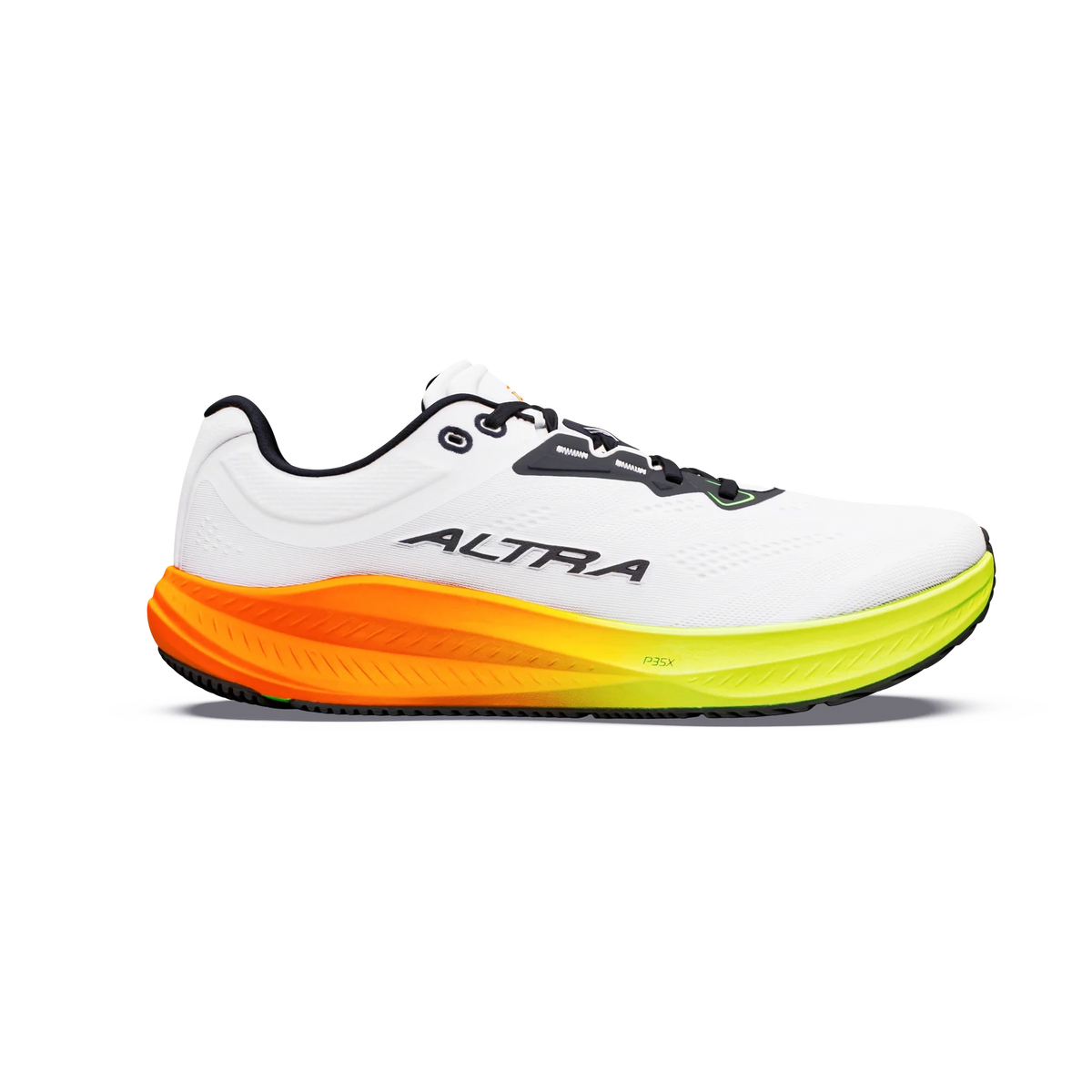 Torin 9 a men's white Altra running shoe with a vibrant orange and yellow gradient midsole, black laces, and black branding on the side, shown against a plain white background.