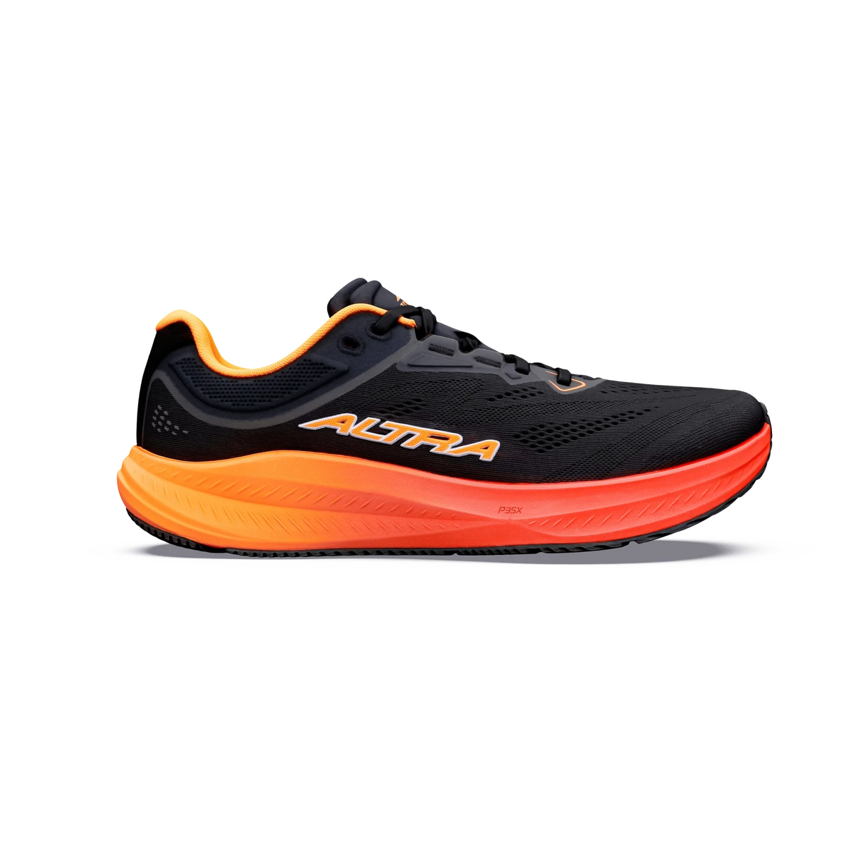 Torin 9 a men's black running shoe with a bright orange and red midsole, featuring the brand name 'ALTRA' in orange on the side, shown against a plain white background.