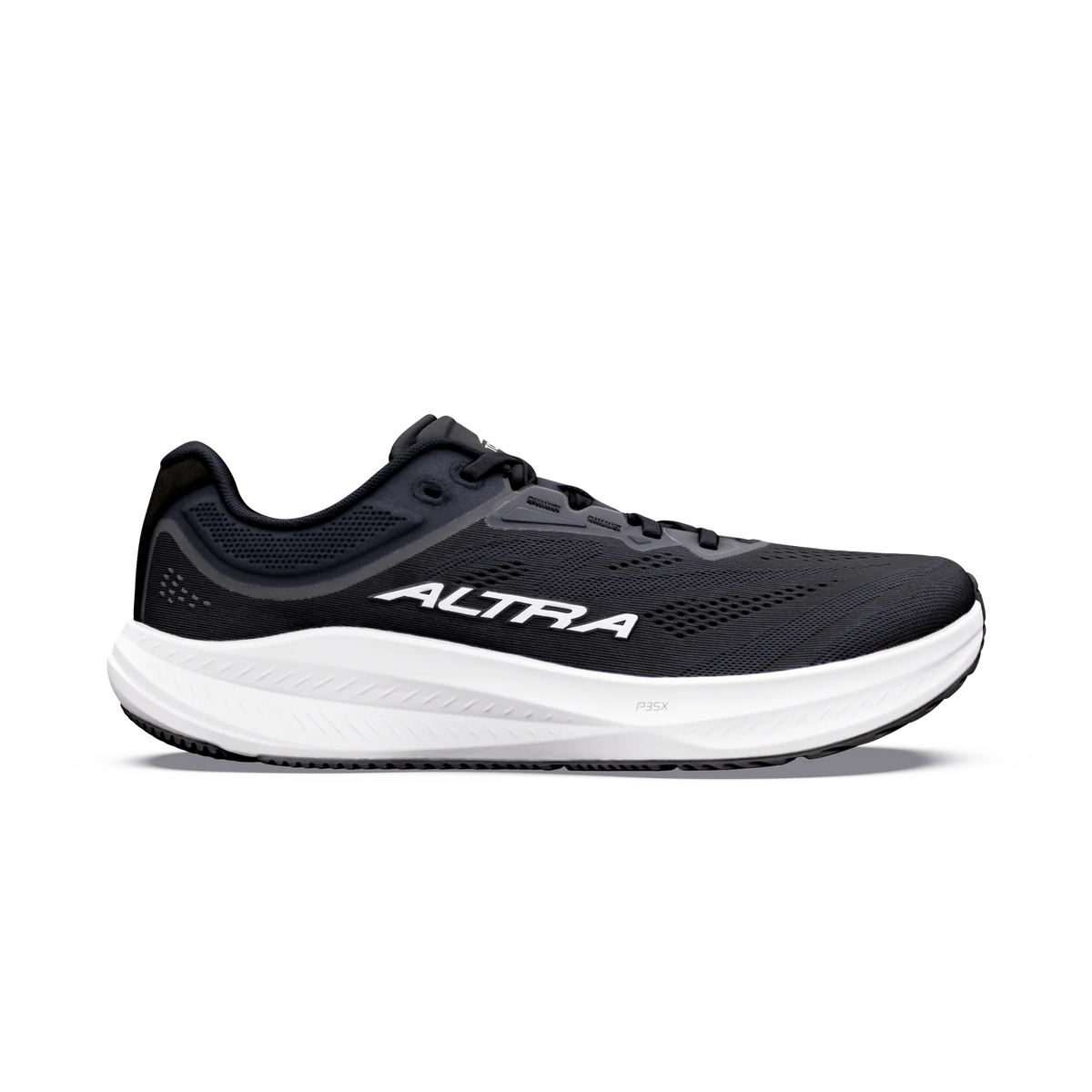Torin 9 a men's black and dark gray Altra running shoe with a thick white midsole, shown in a side profile view against a plain white background.