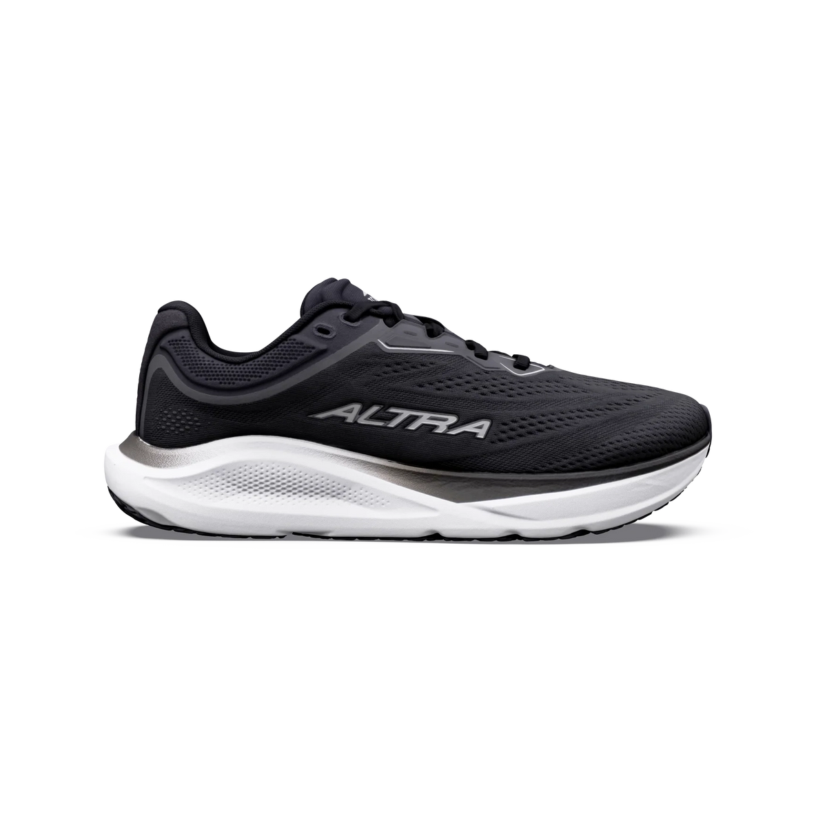 Torin ST 9 a women's black and white running shoe with the brand name 'ALTRA' printed on the side, shown in a side profile view against a plain white background.