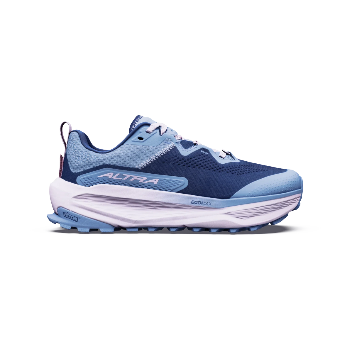 Olympus 7 a women's single Altra running shoe in navy blue and light blue, shown from the side against a plain white background.