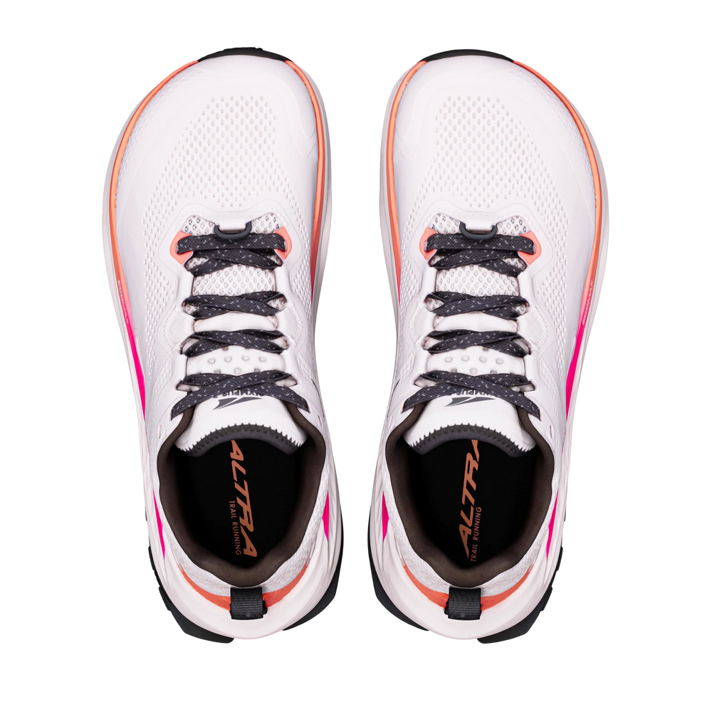 Olympus 7 Women's a pair of white Altra running shoes shown from a top-down view, featuring dark gray laces, a black and white heel collar, and vibrant pink and orange accents.