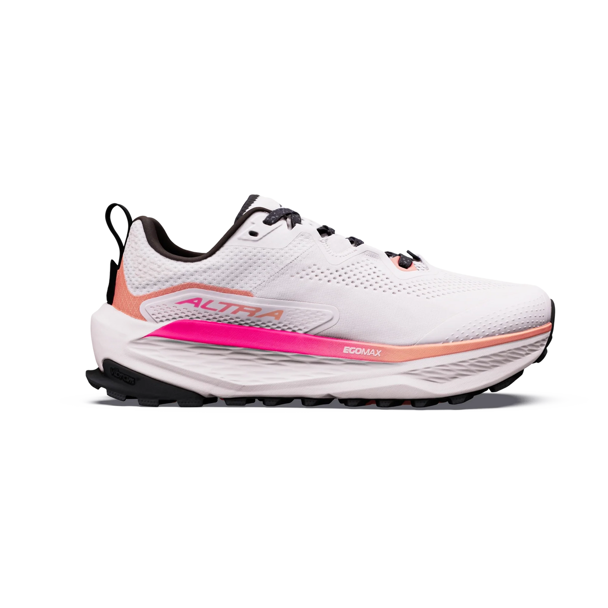 Olympus 7 Women's a white athletic trail running shoe with a thick white and pink midsole, featuring a peach-colored side stripe, a pink logo, and black outsole details, shown against a plain white background.