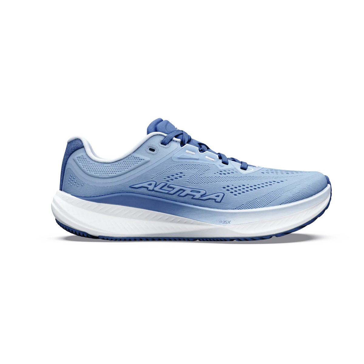 Torin 9 a women's light blue and white running shoe shown from the side profile on a white background. The shoe features a light blue mesh upper with the brand name 'ALTRA' printed on the side, a thick white midsole, and a blue outsole.