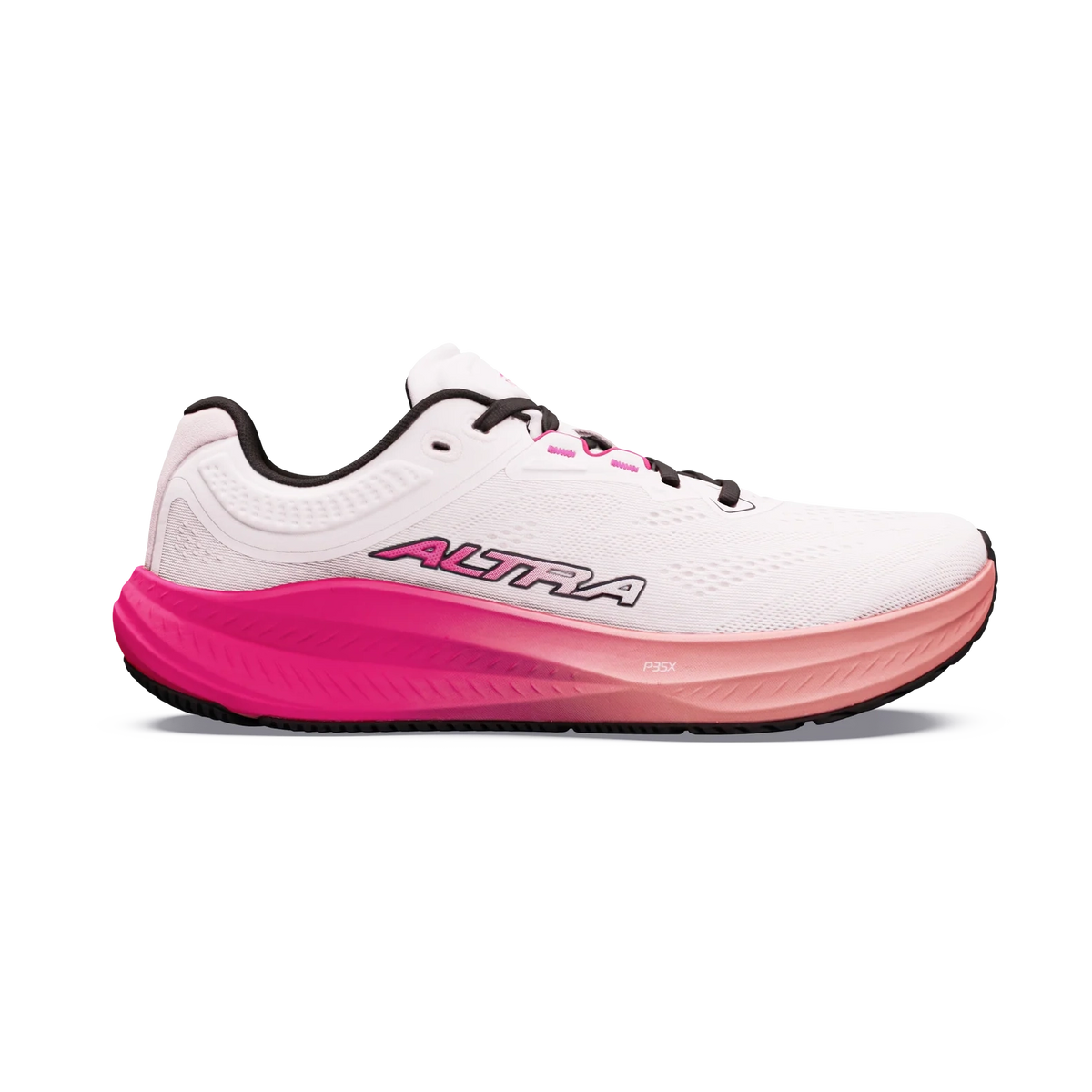 Torin 9 a women's white running shoe with a bright pink and coral gradient midsole, featuring the 'ALTRA' brand name in pink on the side, set against a plain white background.