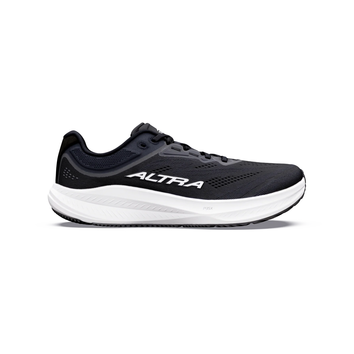 Torin 9 a women's black and dark gray Altra running shoe with a thick white midsole, shown in a side profile view against a plain white background.