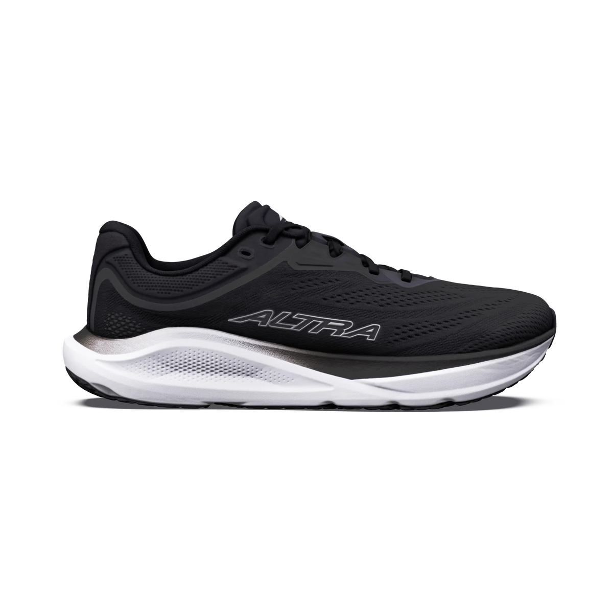 Torin ST 9 men's black Altra running shoe with a white and black cushioned sole, shown in a side profile view against a plain white background.