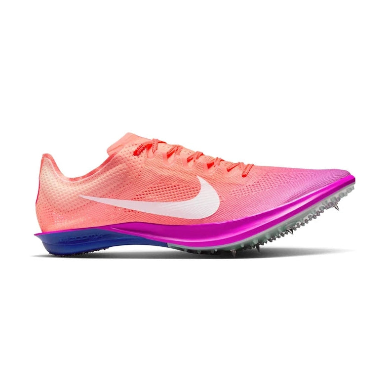 A Nike Zoomx Dragonfly – Men's track spike shoe in a vibrant gradient of coral orange, pink, and magenta, featuring a white Swoosh and a blue and gray spiked outsole, shown from a side profile on a white background.