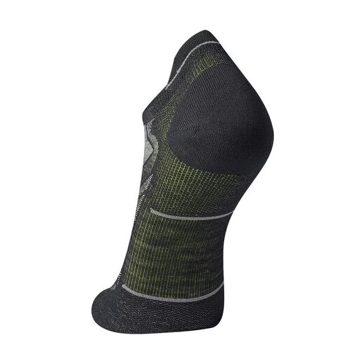 A single Smartwool Run Zero Cushion Low Ankle sock shown from a side profile view on a plain white background. The sock features a dark charcoal gray knit base with olive green and light gray textured knit patterns on the foot.
