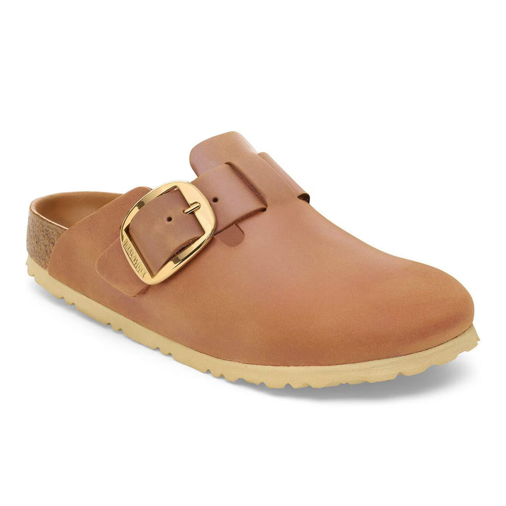 Brown leather clog Birkenstock Boston Big Buckle with gold buckle on a white background