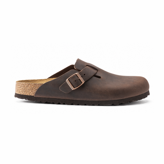 A dark brown leather Birkenstock Boston Soft Footbed--Habana Oiled Leather clog-style mule shoe with a cork footbed and a metal buckle strap, shown from a side profile on a white background.