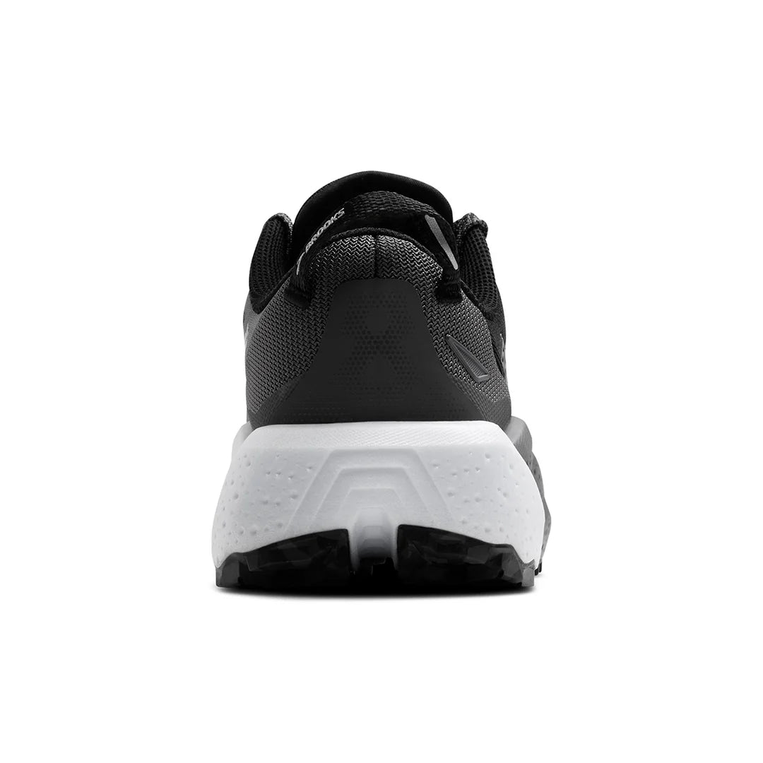 A rear view of a black and white Brooks Caldera 8 – Women&