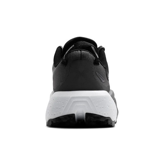 A rear view of a black and white Brooks Caldera 8 – Women&