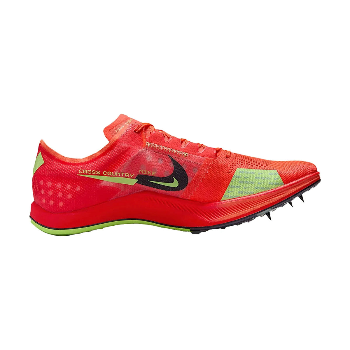 A Nike Dragonfly Xc – Men's Cross Country running shoe in bright red with lime green accents and a black swoosh, shown from a side profile on a white background.