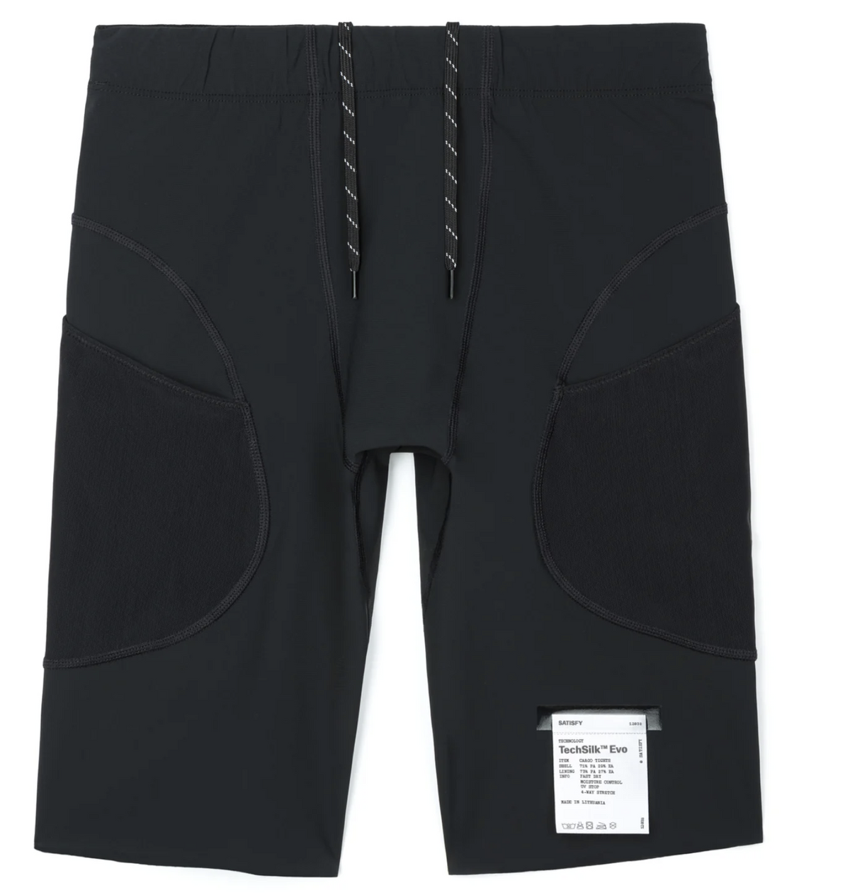 Satisfy Evo Half Tight 9 inches in Black has unique high-rise silhouette, large side pockets, a drawstring waist, and a white size tag attached near the lower right hem, shown on a plain white background.