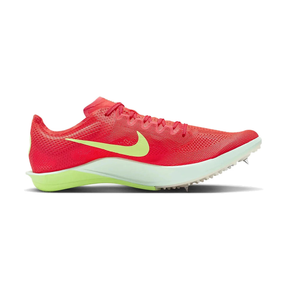 A Nike Dragonfly 2 – Men's track shoe in bright red with a neon yellow-green Swoosh and matching neon yellow-green midsole accents, shown in profile against a white background.