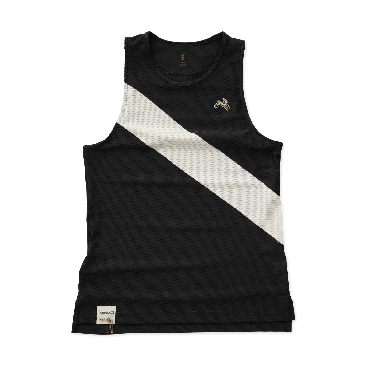A black Van Cortlandt Singlet – Women's athletic tank top with a diagonal off-white stripe across the chest, featuring a small embroidered logo on the left chest and a brand label on the bottom hem.