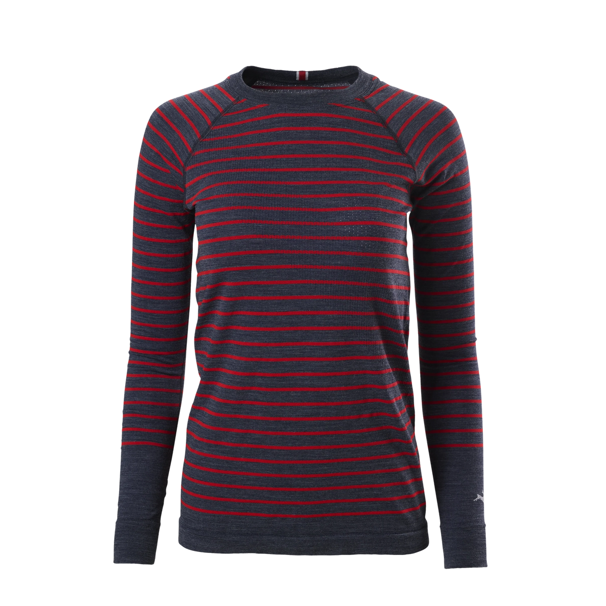 A women's Brighton Base Layer – Women's featuring horizontal stripes in dark navy blue and red, with solid navy cuffs and hem, shown against a plain white background.