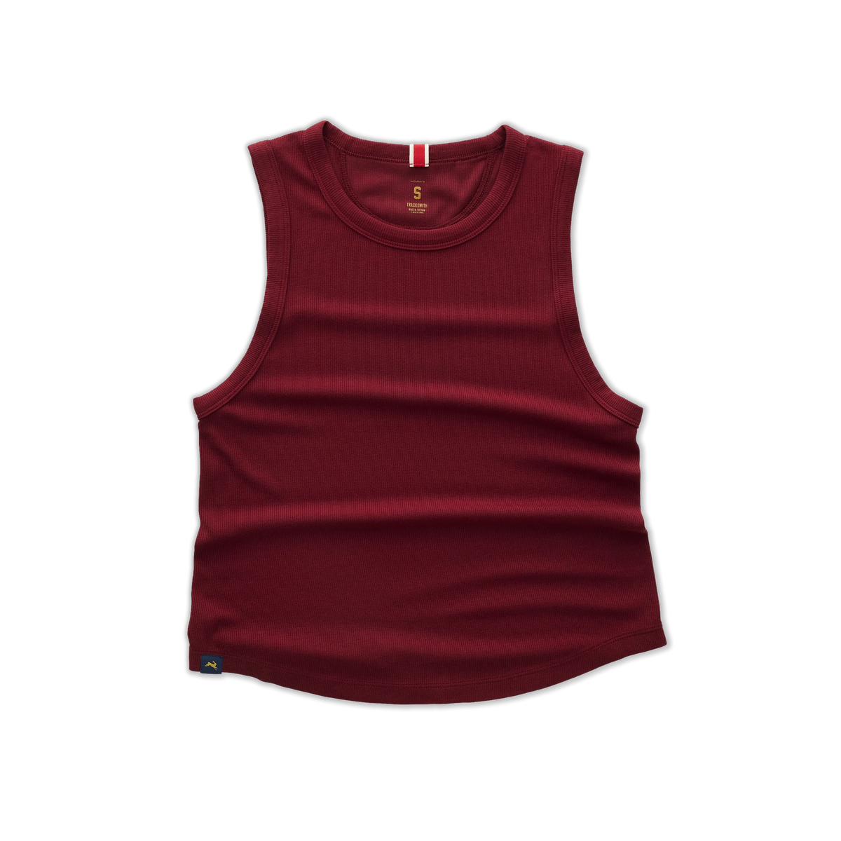 A Fieldhouse Ribbed Tank--Women's tank top in deep burgundy, laid flat against a solid white background.