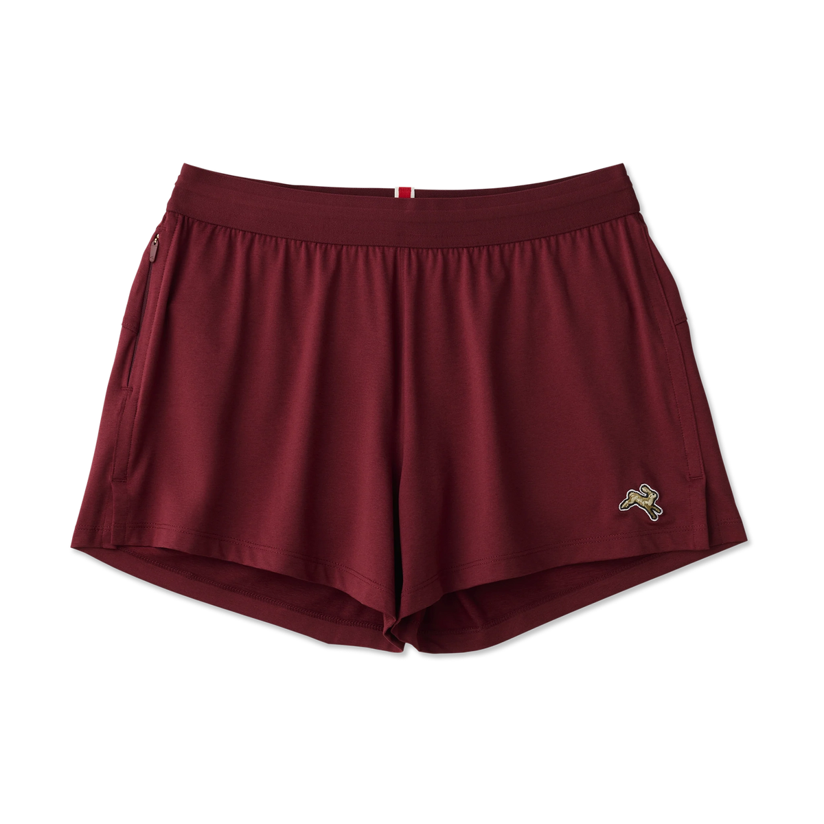 A pair of Session Shorts--Women's shorts in maroon with a small embroidered logo on the lower left leg, displayed flat against a solid white background.