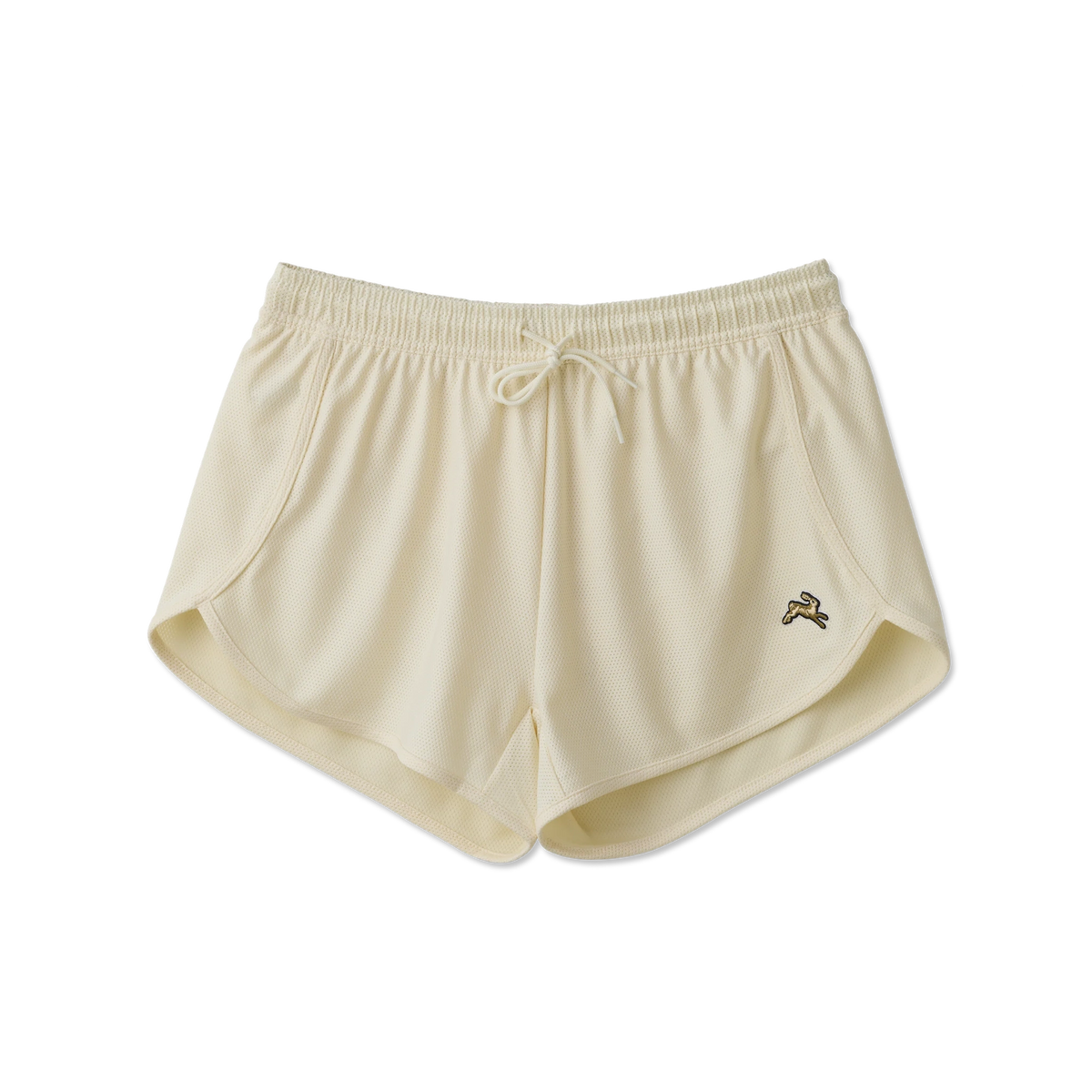 Cream-colored Van Cortlandt Short – Women's athletic shorts with an elastic waistband, drawstring, and a small embroidered logo on the lower left leg, shown against a plain white background.