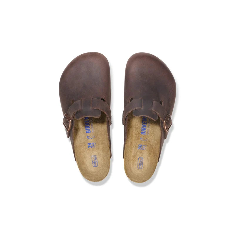 A pair of dark brown Boston Soft Footbed leather Birkenstock clogs shown from a top-down view on a white background.