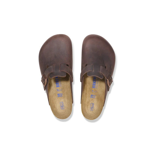 A pair of dark brown Boston Soft Footbed leather Birkenstock clogs shown from a top-down view on a white background.