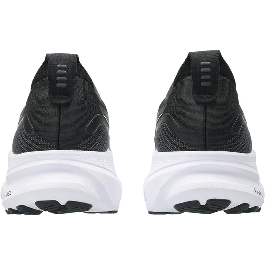 Black Gel-Kayano 32 running shoes with white soles on a white background