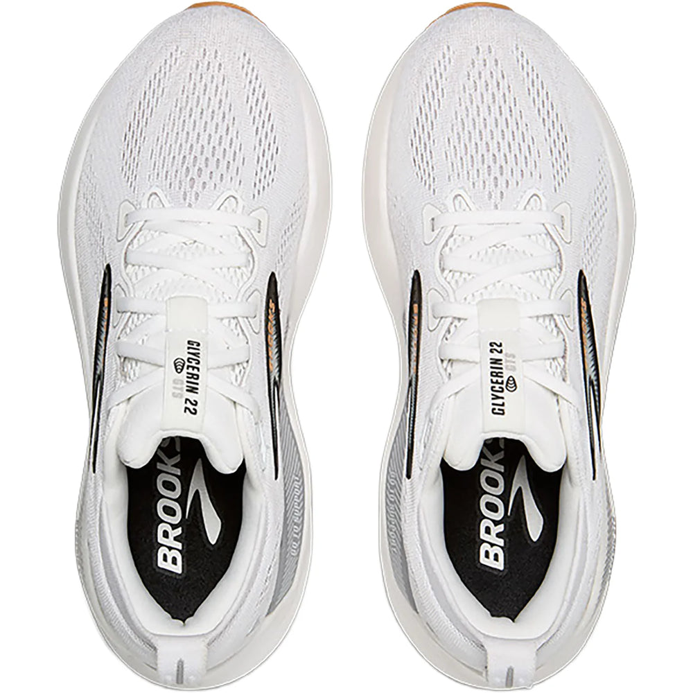 A pair of white Brooks Glycerin Gts 22 – Women's running shoes shown from a top-down view on a solid white background.