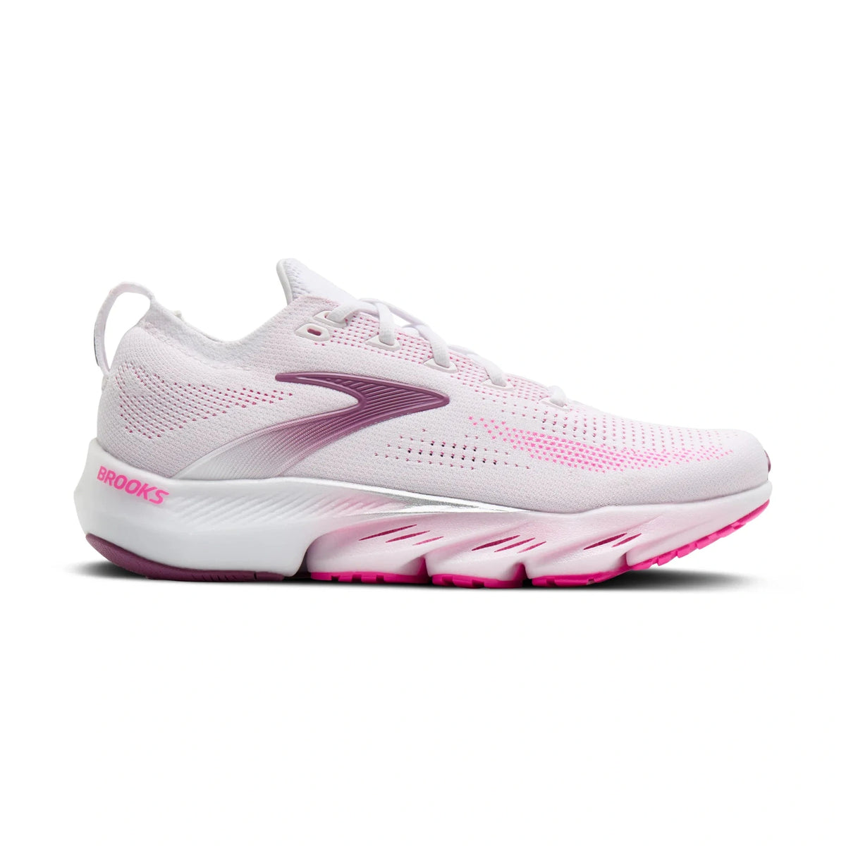 White and pink Brooks Glycerin Flex – Women's running shoe with 'Brooks' branding on a white background.
