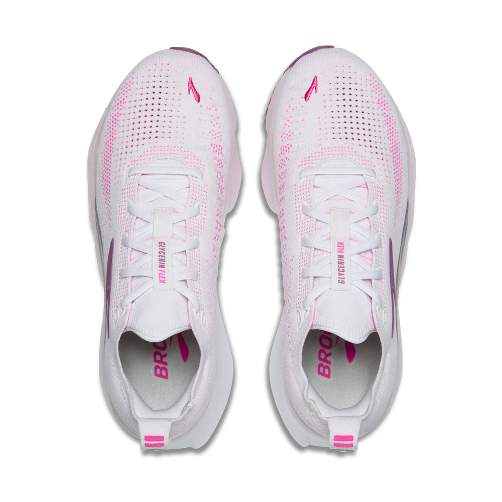 A pair of white and pink Brooks Glycerin Flex – Women's running shoes shown from a top-down view on a solid white background.