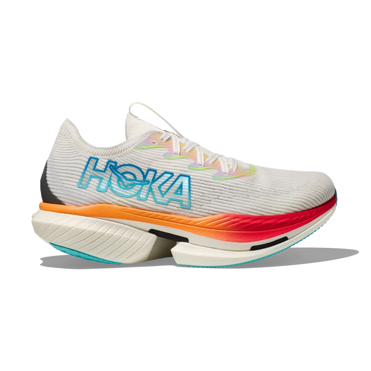 A Hoka Cielo X1 – Men's running shoe in white with a vibrant gradient midsole transitioning from orange to red, and a turquoise HOKA logo on the side, shown against a plain white background.