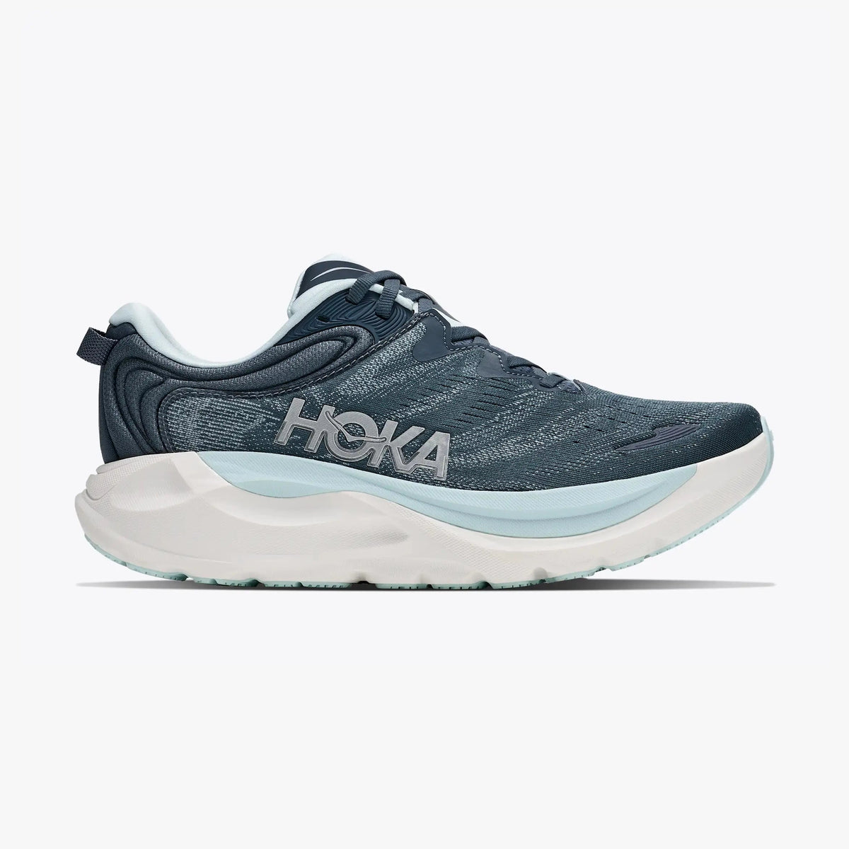 A Hoka Gaviota 6 – Women's running shoe in dark slate blue and white, shown from a side profile view against a light gray background.