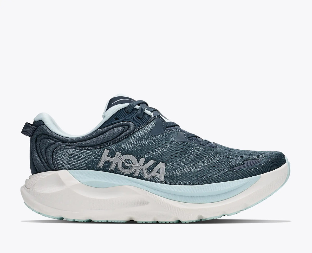 A Hoka Gaviota 6 – Women's running shoe in dark slate blue and white, shown from a side profile view against a light gray background.