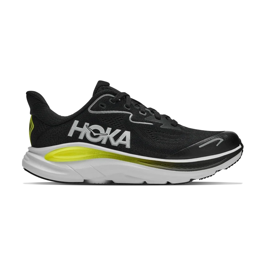 A black Clifton 10 -- Youth running shoe with a white midsole and bright neon yellow-green accents, shown in a side profile on a white background.