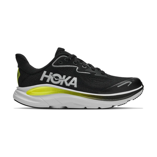 A black Clifton 10 -- Youth running shoe with a white midsole and bright neon yellow-green accents, shown in a side profile on a white background.