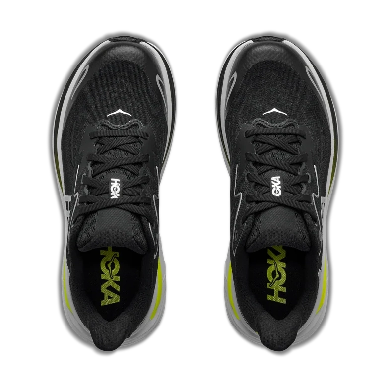 A pair of black Clifton 10 -- Youth  running shoes shown from a top-down view on a solid white background, featuring gray and neon yellow accents.