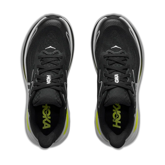 A pair of black Clifton 10 -- Youth  running shoes shown from a top-down view on a solid white background, featuring gray and neon yellow accents.