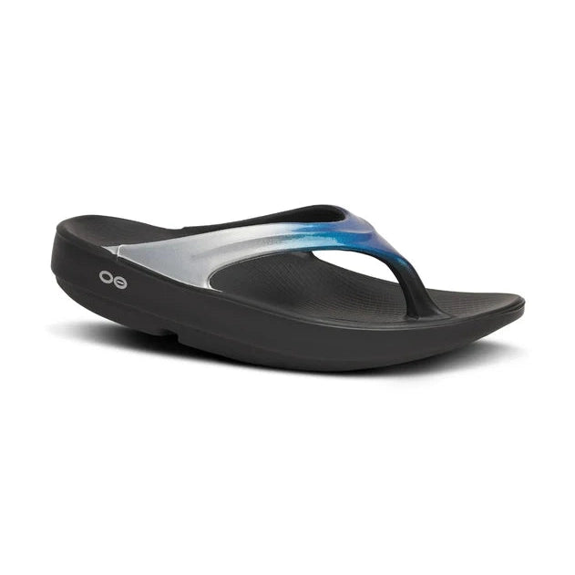 Black sandal with gradient blue and Oofos OOLALA on a white background