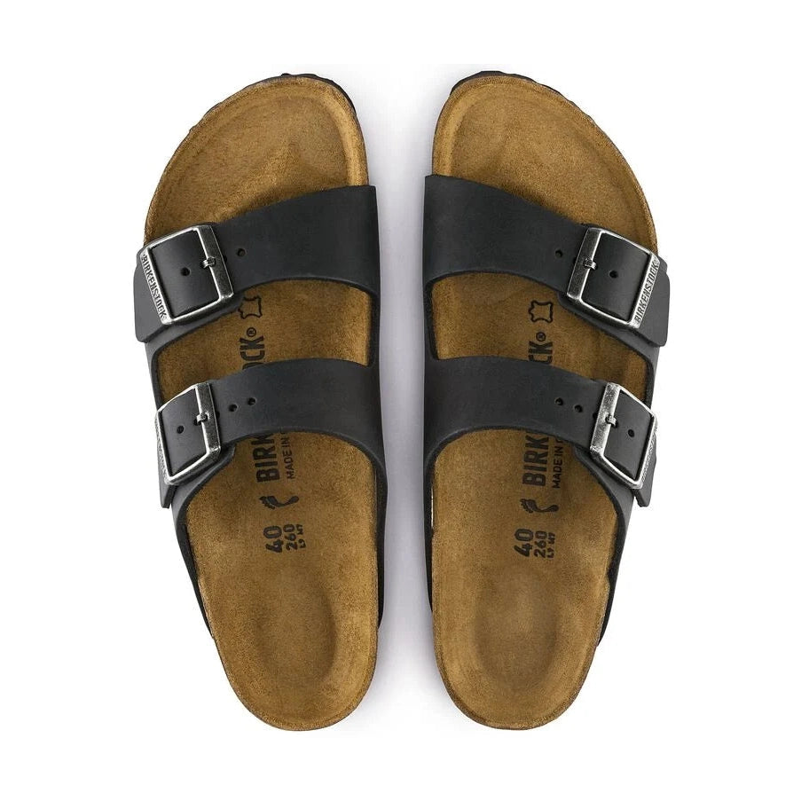 Pair of black BIRKENSTOCK Arizona sandals with black straps on a white background