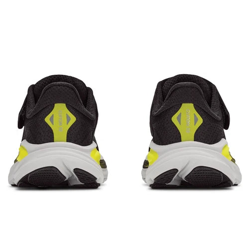 A pair of black and white Clifton 10 -- Youth running shoes shown from the back, featuring bright neon yellow accents on the heel and midsole.