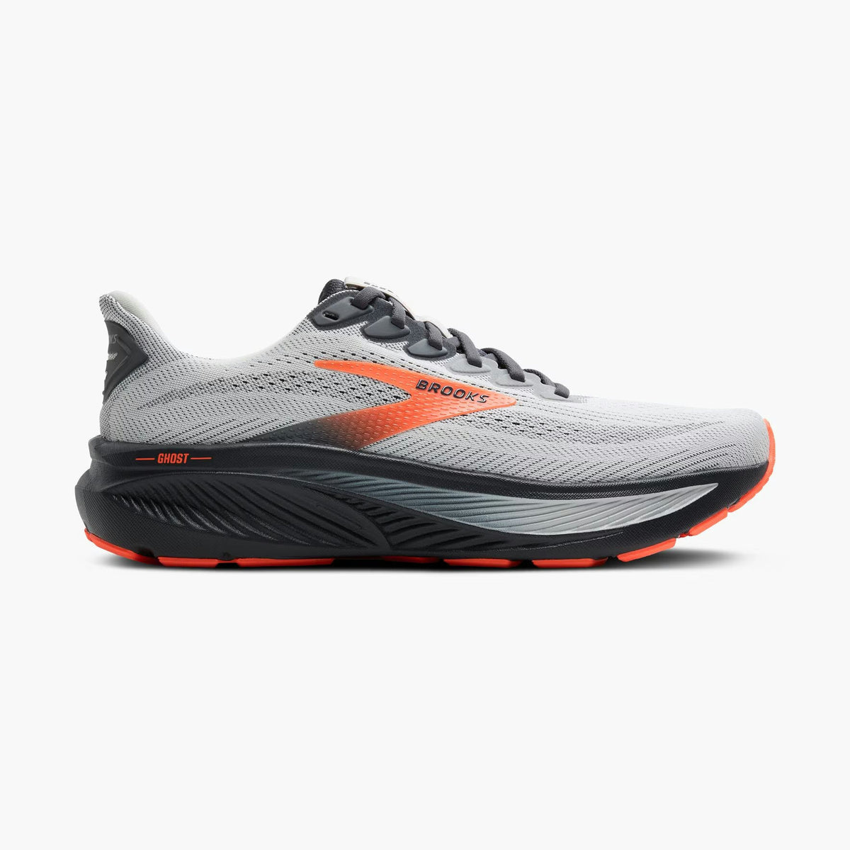 Brooks Ghost 17 –Men's running shoe in light gray and black with a vibrant orange logo and accents, shown from a side profile on a light gray background.
