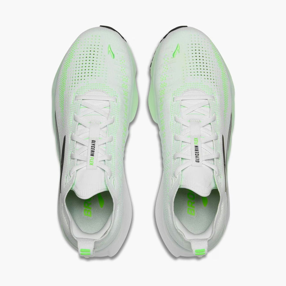 A pair of Brooks Glycerin Flex – Men's  running shoes in white and neon green, shown from a top-down view on a light gray background.