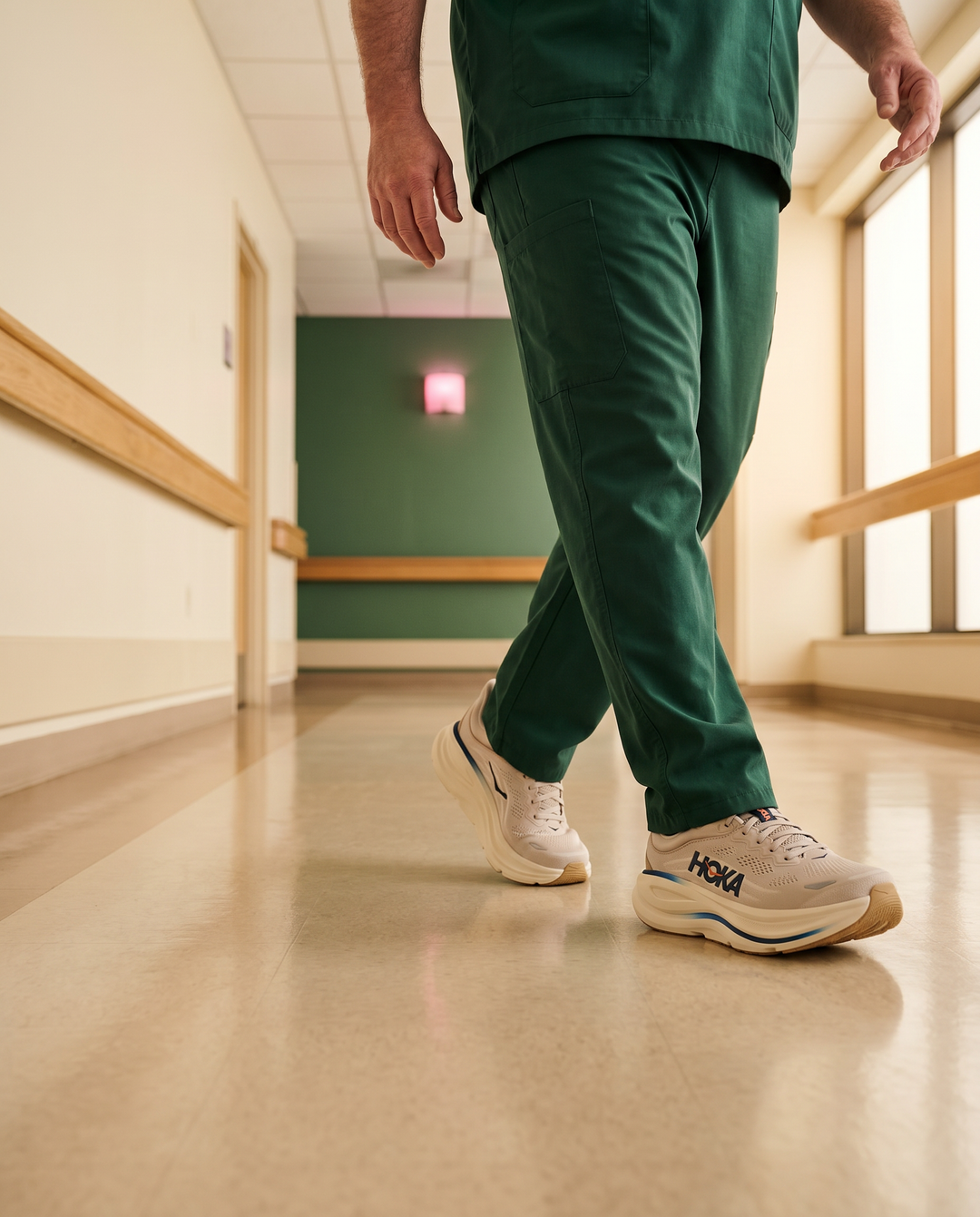 Person wearing green scrubs and white sneakers walking in a hospital corridor.