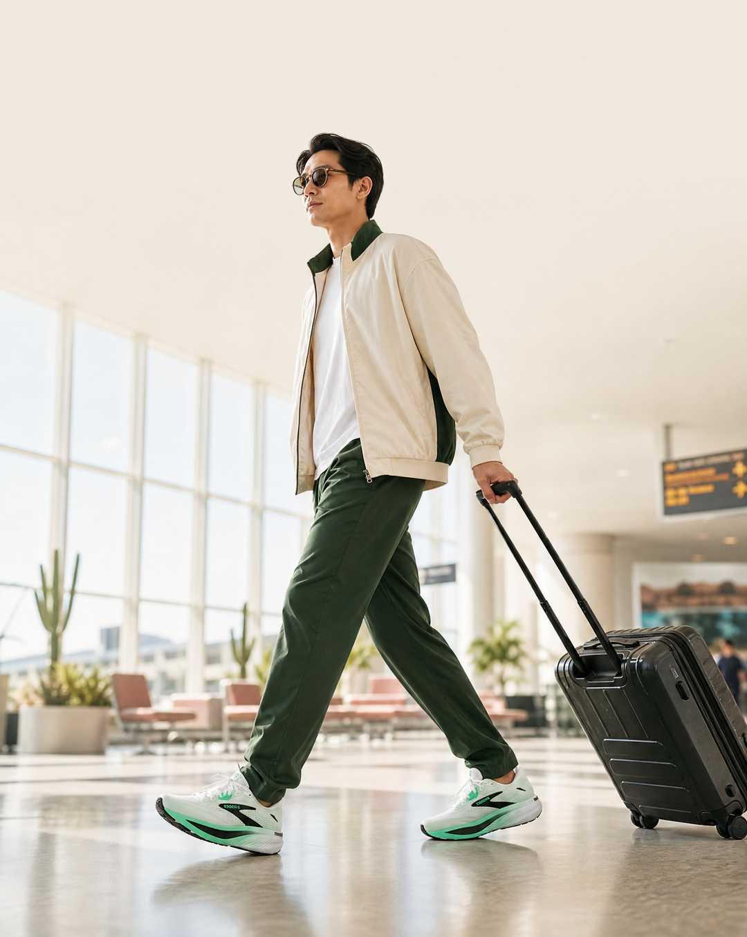 Man pulling a suitcase in an airport terminal wearing Brooks Ghost 18