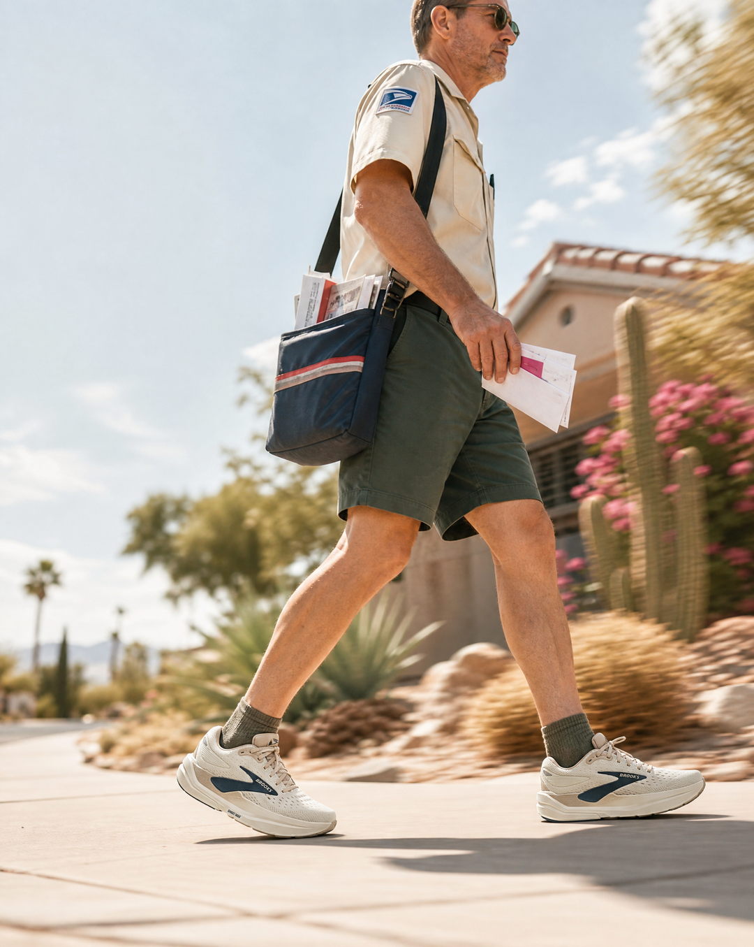 Man walking in the Brooks Ghost Max 3 outdoors with a bag and papers, surrounded by cacti and palm trees.