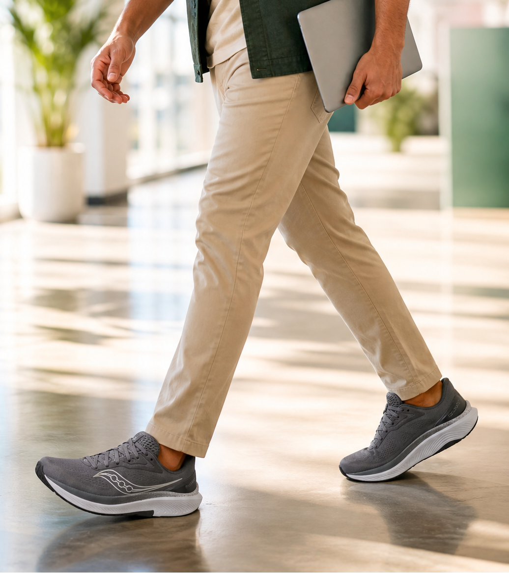 Man walking in a modern office space holding a tablet.