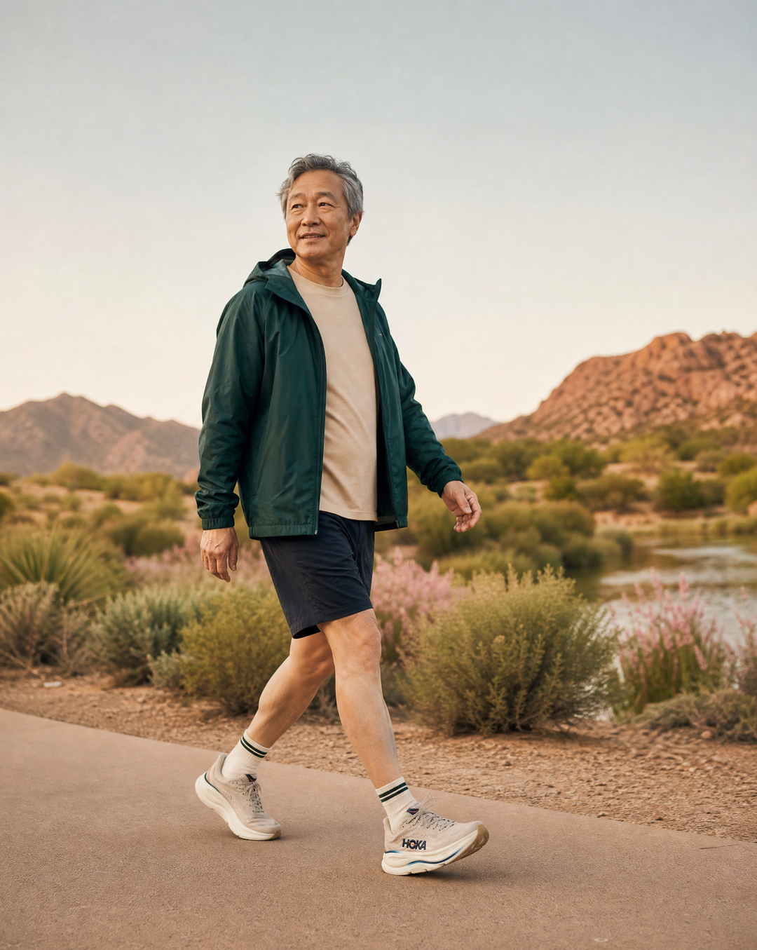 Man walking on a path in a desert landscape with mountains and water in the background.