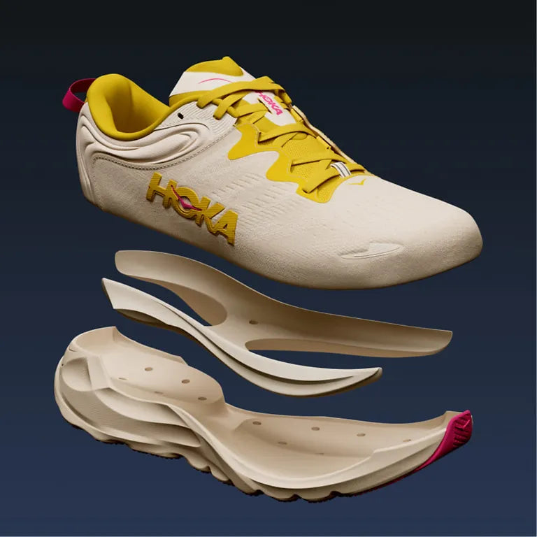 Beige Hoka Gaviota 6 running shoe with yellow accents and H Frame and rocker last shown from multiple angles on a gradient background.