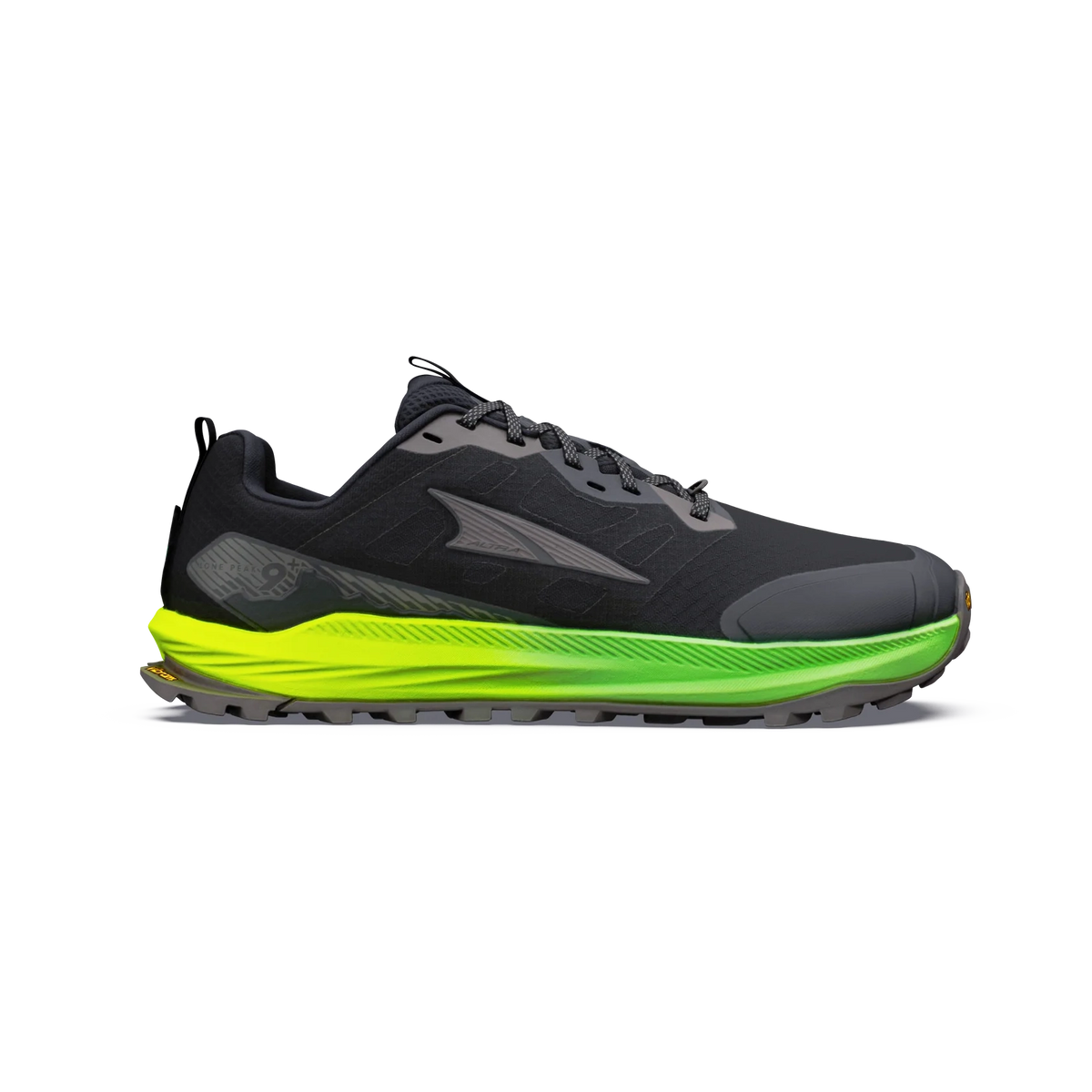 A black Altra Lone Peak 9+ – Men's  trail running shoe with a bright neon green midsole and gray accents, shown in a side profile on a white background.